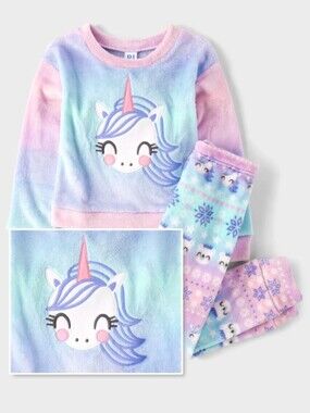 The Children's Place Girls Unicorn Blue & Purple Soft Fleece Pajamas Size XL 14